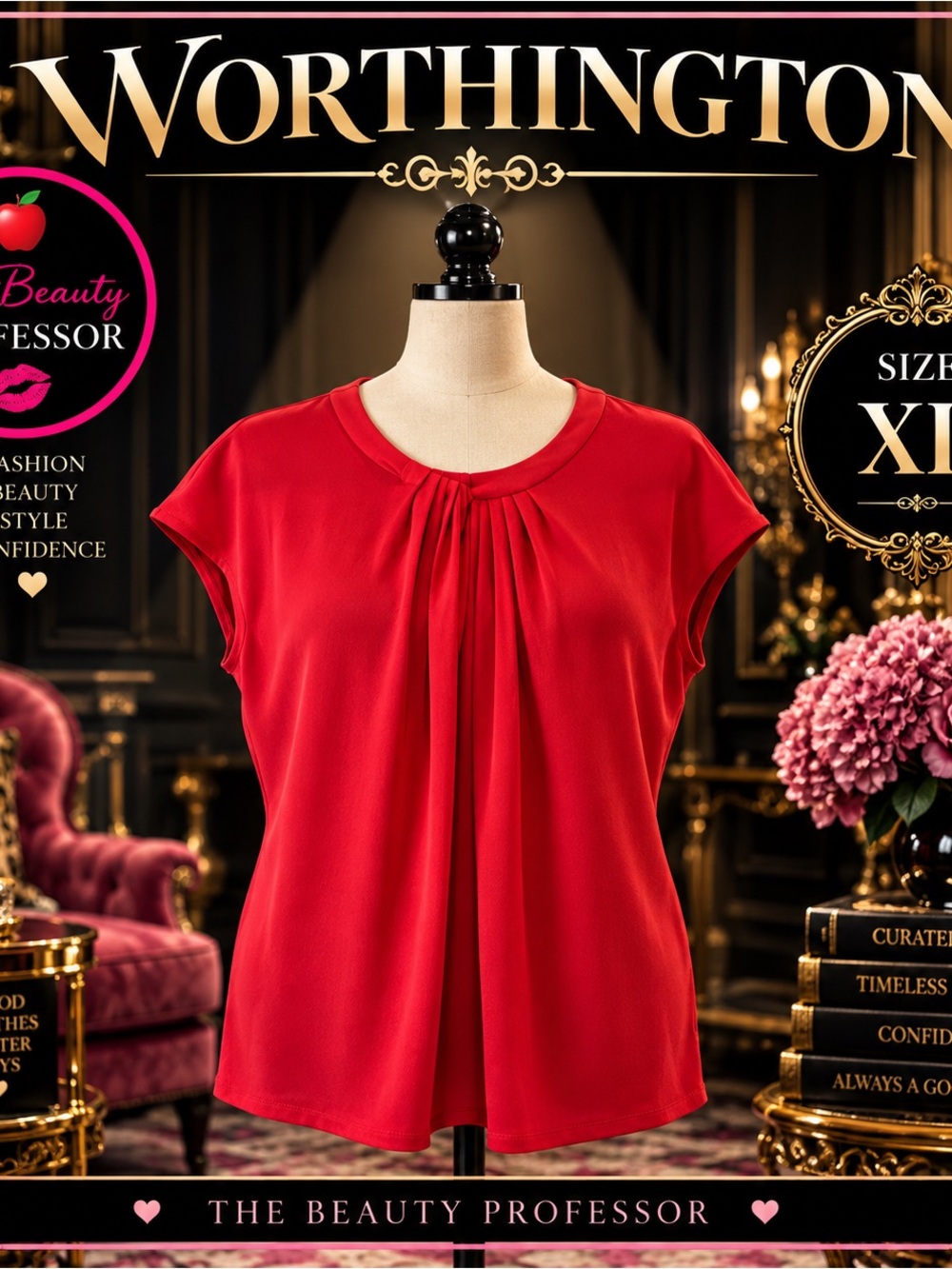 💕Worthington XL Coral Pleated Neck Gold Zip Short Sleeve Blouse